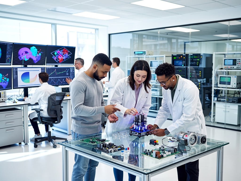 Engineers and scientists testing electronics and robotics prototypes in a modern high-tech research laboratory