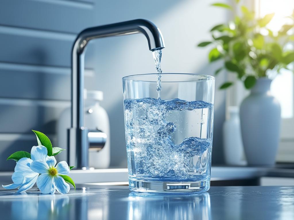 Vaso de agua fresca bajo grifo en cocina iluminada, junto a flor blanca y planta en maceta.