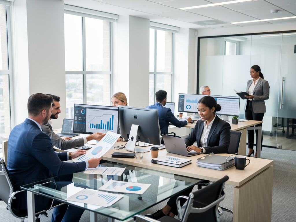 Equipo empresarial analizando informes financieros y gráficos en una oficina moderna con computadoras Equipo empresarial analizando informes financieros y gráficos en una oficina moderna con computadoras