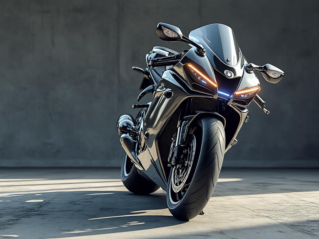 Motocicleta deportiva negra en un garaje con luz natural.