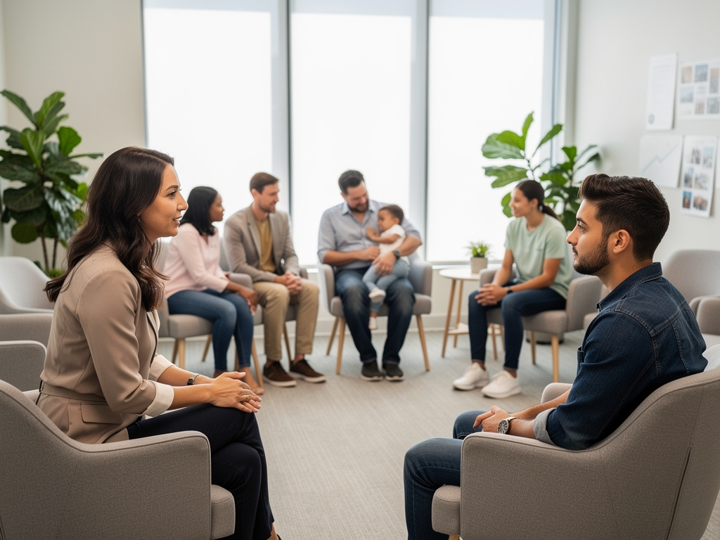 Group therapy session with counselor and diverse participants seated in a bright modern counseling room