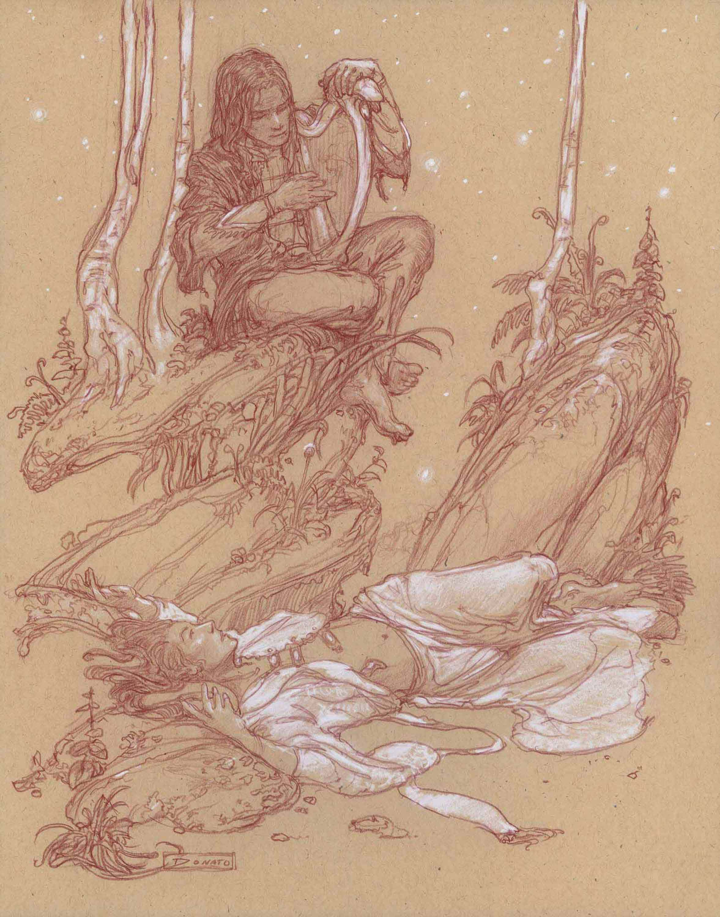 Beren and Luthien - Twilight
14" x11"  Watercolor Pencil and Chalk on Toned paper 2012
private collection