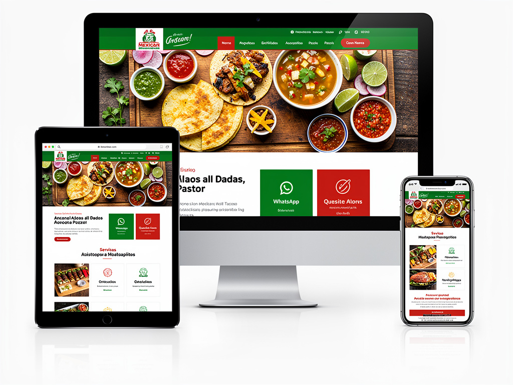 Diseño web responsive para restaurante mexicano con tacos, salsas y comida tradicional en pantalla de computadora, tablet y móvil
