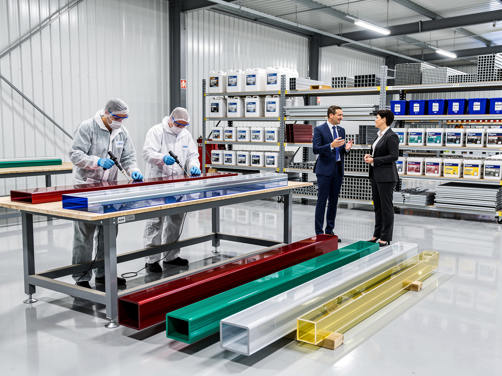 Técnicos inspeccionan perfiles de aluminio de colores en almacén industrial con productos químicos y empresarios conversando