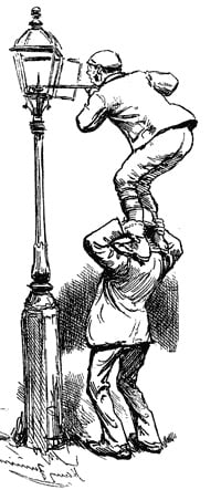 Drawing of old-time street lamplighters, one standing on the other's shoulders in order to reach high enough to light the wick