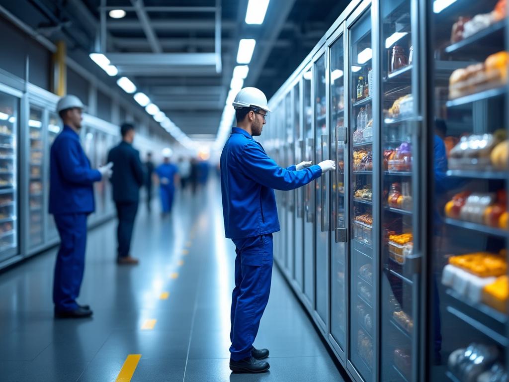 Trabajador de fábrica con uniforme azul inspecciona productos dentro de vitrinas refrigeradas, ambiente industrial con iluminación moderna.