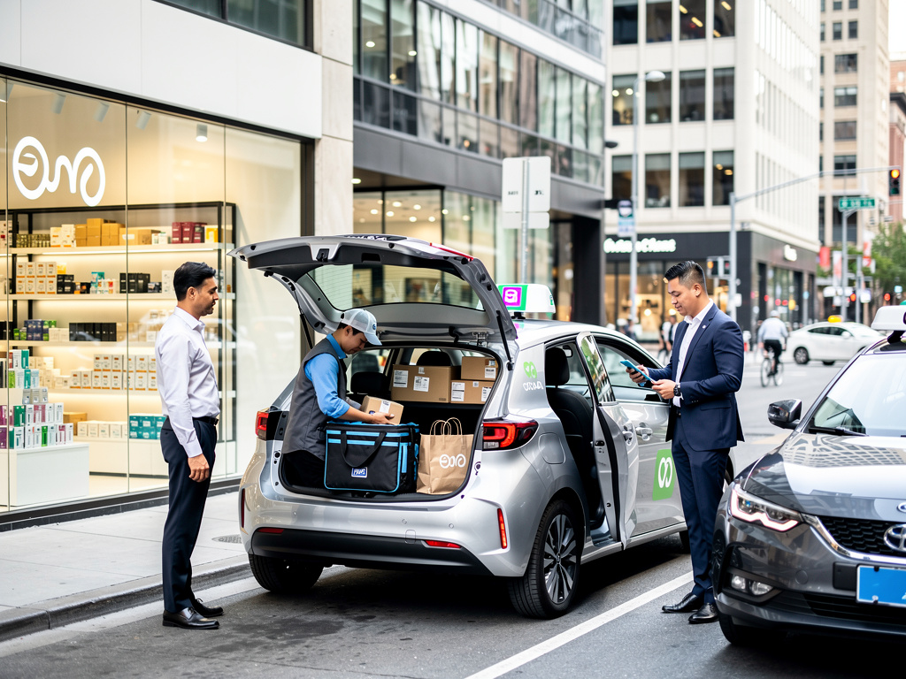 Urban delivery driver loading packages into a branded car outside a modern city storefront