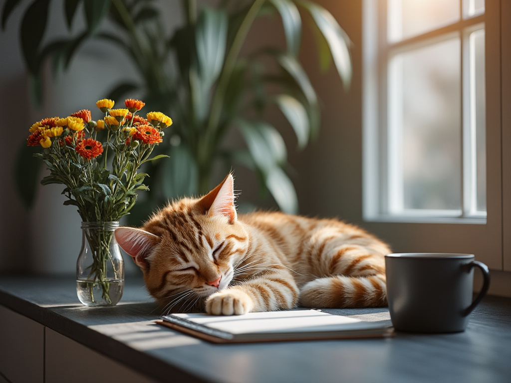 Gato naranja durmiendo sobre un cuaderno junto a una taza y un jarrón de flores amarillas en una mesa, con luz de ventana al fondo.