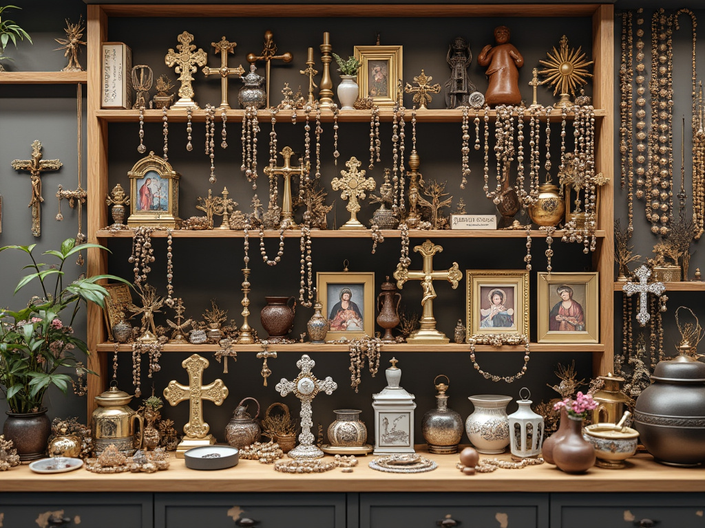 Vitrina con cruces doradas, cuentas de rosario, figuras religiosas y marcos de iconos sagrados sobre estantes de madera.