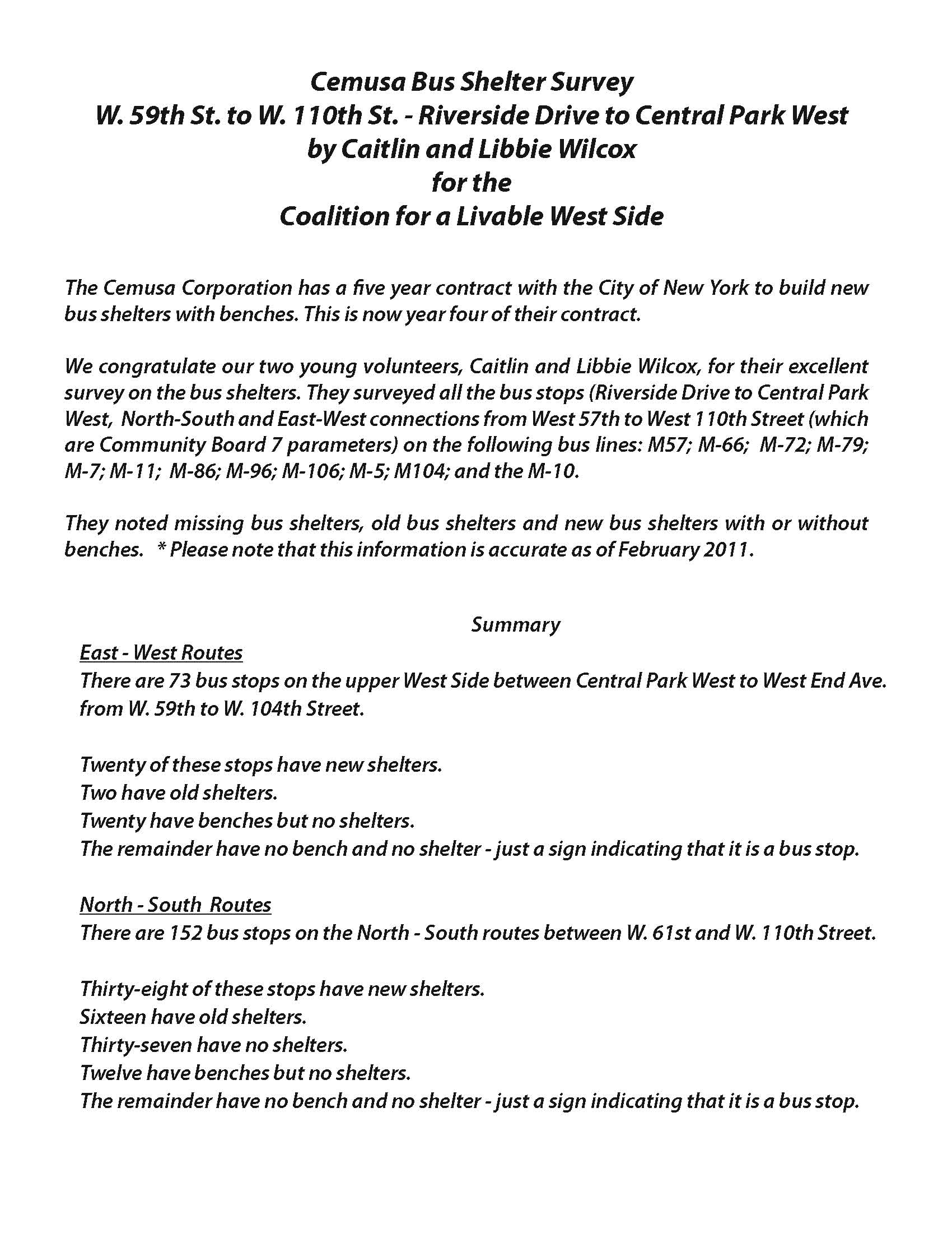 Coalition for A Livable West Side Bus Shelter Survey (59th110th