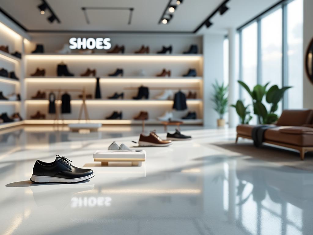 Interior de una tienda moderna de zapatos con estantes iluminados y zapatos exhibidos en el suelo.