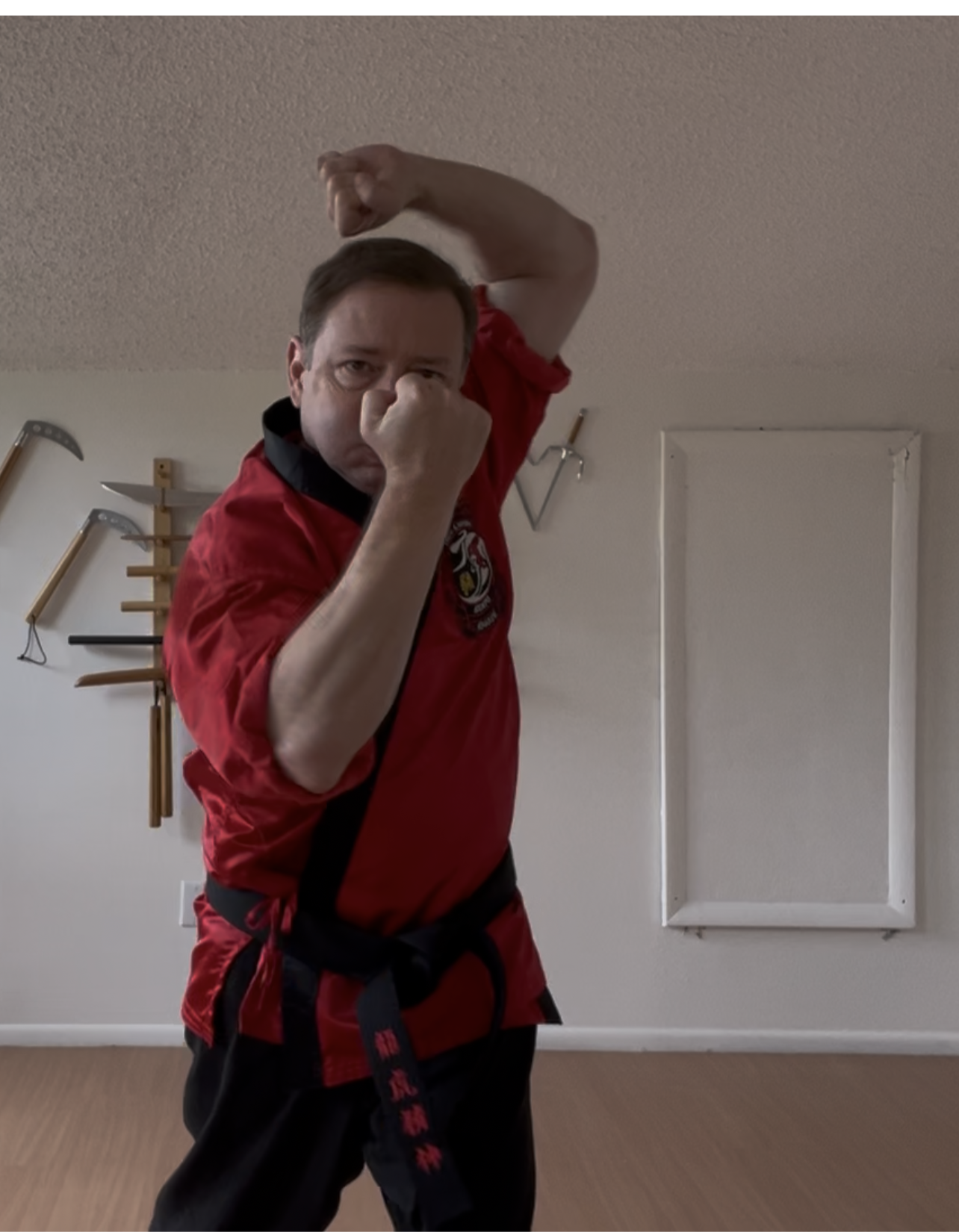 Man in self defense pose with a fist in front of his face and an arm raised above his head. Man in self defense pose with a fist in front of his face and an arm raised above his head.