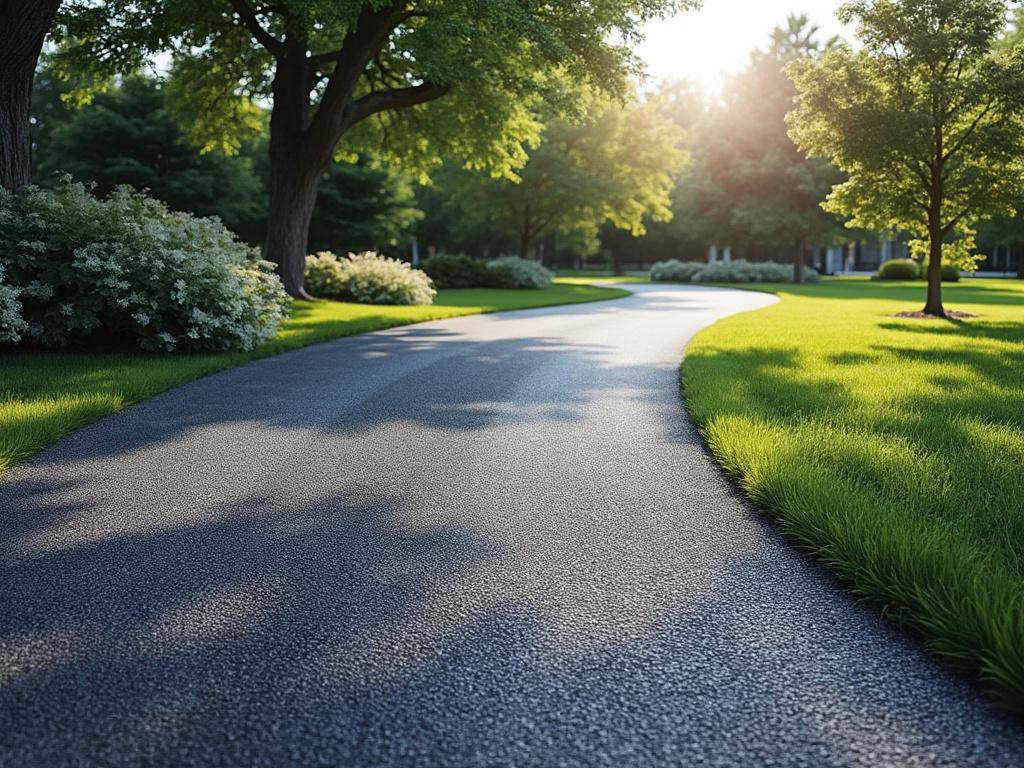 Sunny park pathway winding through lush green trees and bushes.