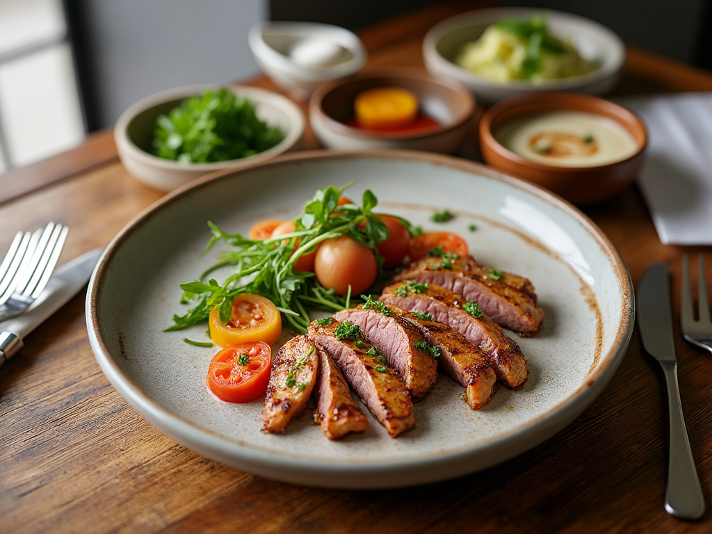Plato de cerdo asado con rodajas, tomate cherry y rúcula, acompañado de salsas variadas en un restaurante elegante.