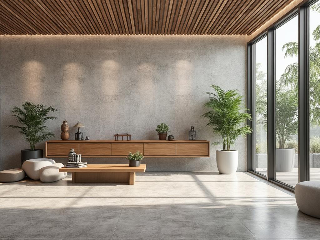 Sala de estar moderna con muebles de madera, plantas verdes en macetas, paredes grises y grandes ventanales que dejan entrar luz natural.