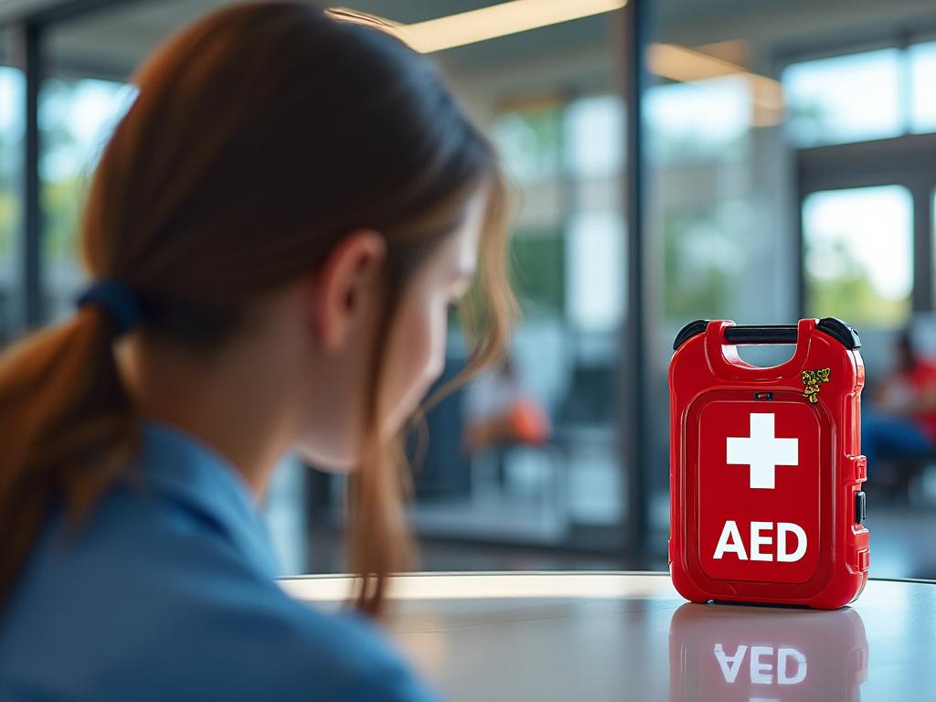 Woman in blue shirt looking at a red AED device with a white cross and AED lettering in a modern indoor setting.