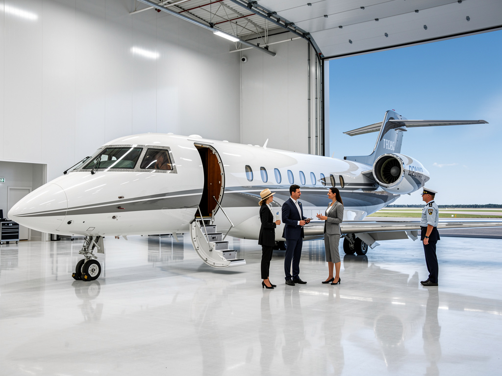 Jet privado de lujo en hangar con empresarios y piloto junto a la escalerilla