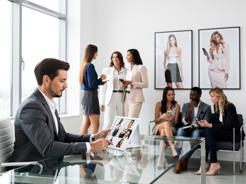 Fashion business meeting in modern office with team reviewing digital model portfolio on tablet