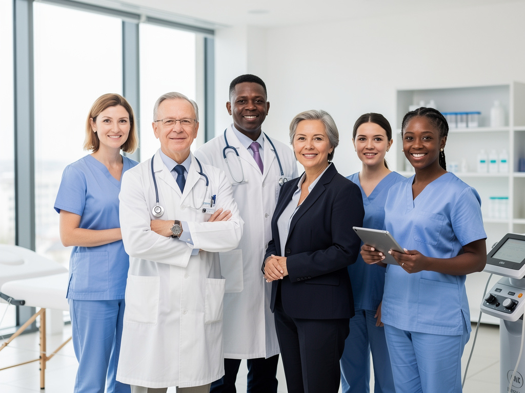 Equipo médico diverso con doctores y enfermeras en clínica moderna