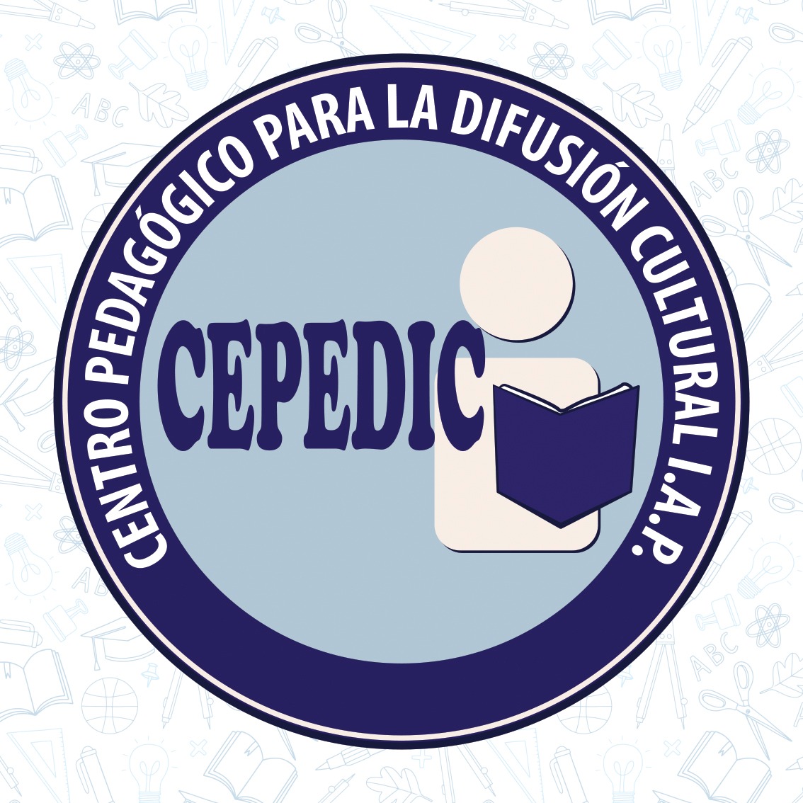 Logotipo del Centro Pedagógico para la Difusión Cultural I.A.P. con texto CEPEDIC y figura leyendo un libro.