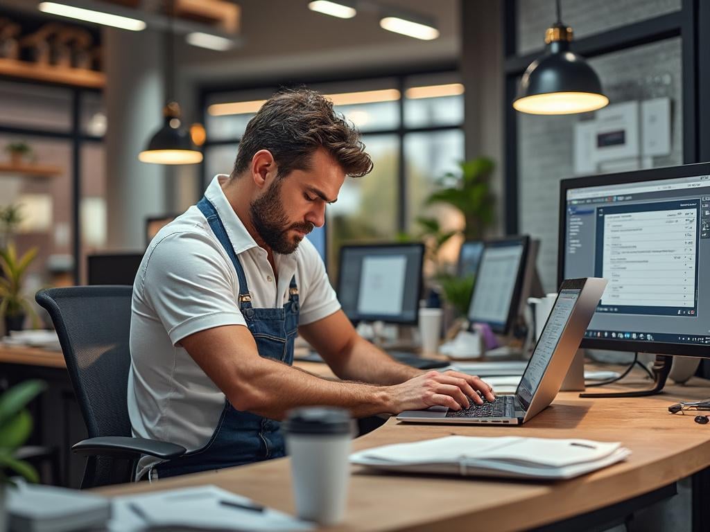 Man in a casual outfit working on a laptop at a modern office desk with multiple monitors and warm ambient lighting.