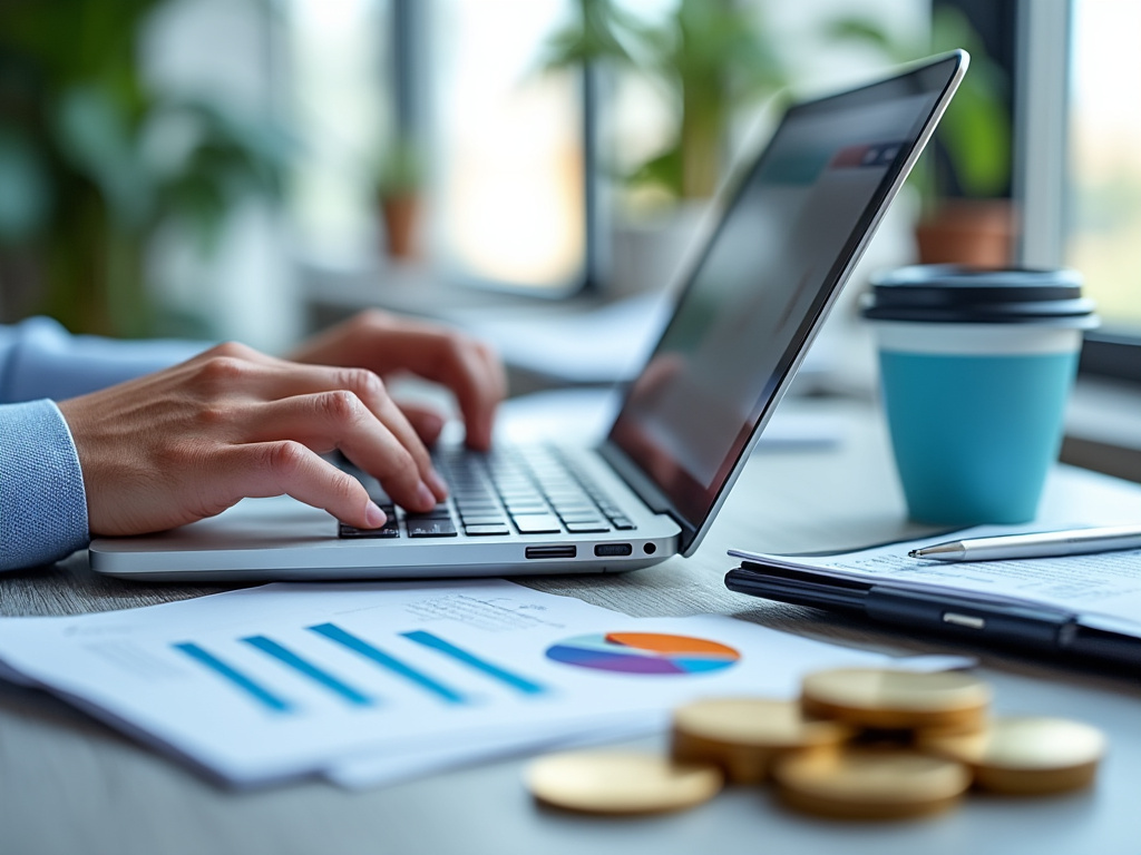 Manos escribiendo en portátil con gráficos financieros, monedas y café en escritorio de oficina