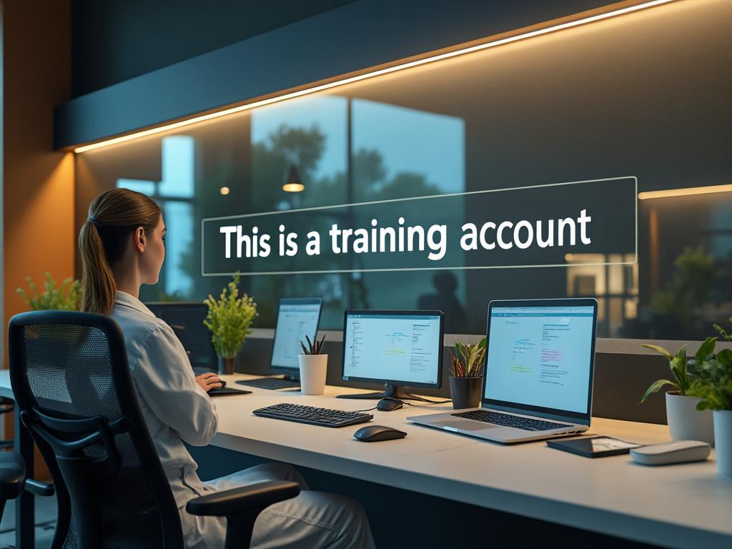 Woman in a modern office working at a desk with multiple screens, surrounded by plants, and a sign reading 'This is a training account' on the glass partition.
