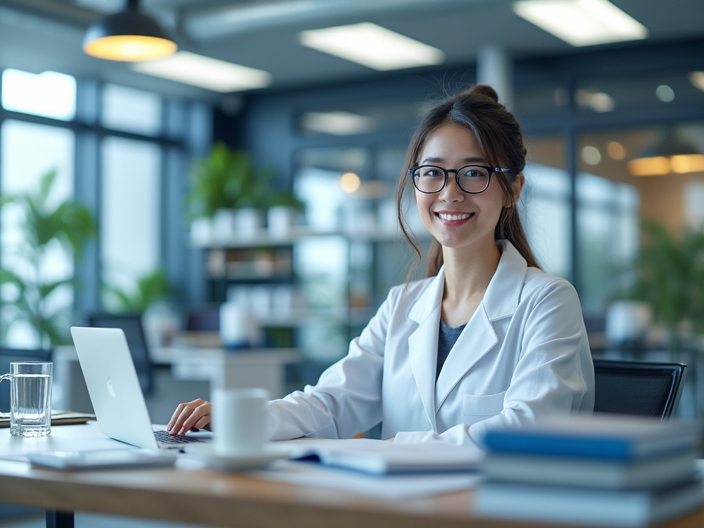Smiling professional woman in glasses and white coat working on a laptop in a modern office with plants. Smiling professional woman in glasses and white coat working on a laptop in a modern office with plants.