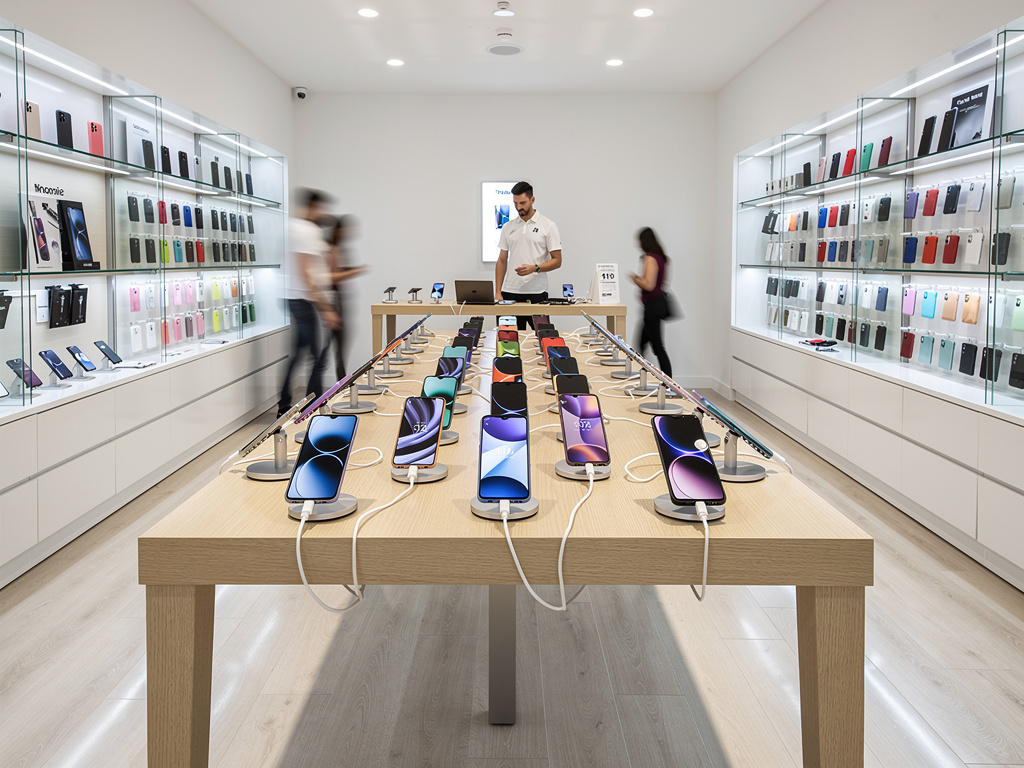 Tienda moderna de smartphones con iPhone en exhibición, accesorios en vitrinas y clientes comprando