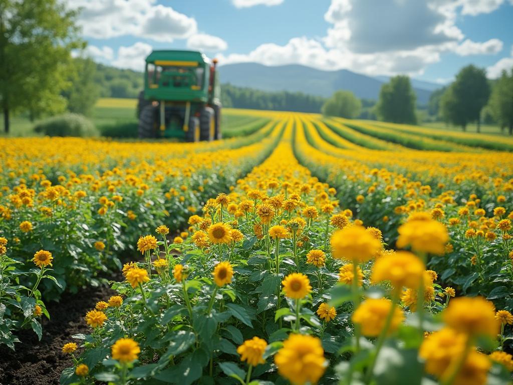 Campo de girasoles con tractor verde al fondo y montañas bajo un cielo azul con nubes.