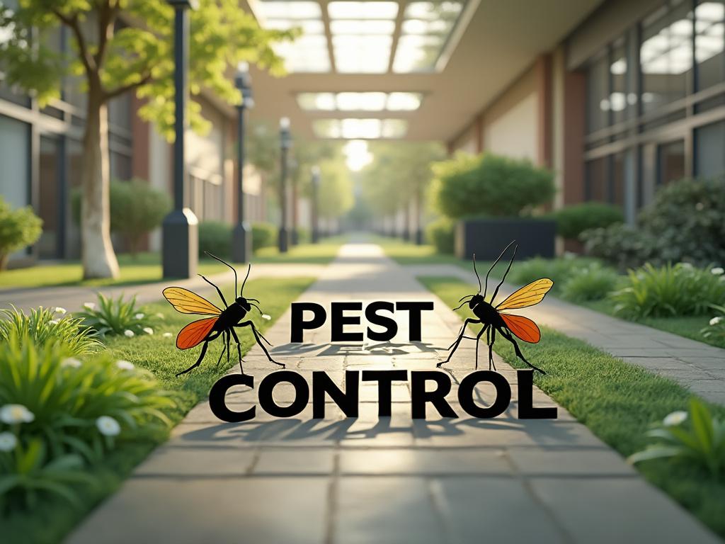 Paisaje urbano con texto 'Pest Control' y dibujos de mosquitos, rodeados de vegetación y edificios modernos.