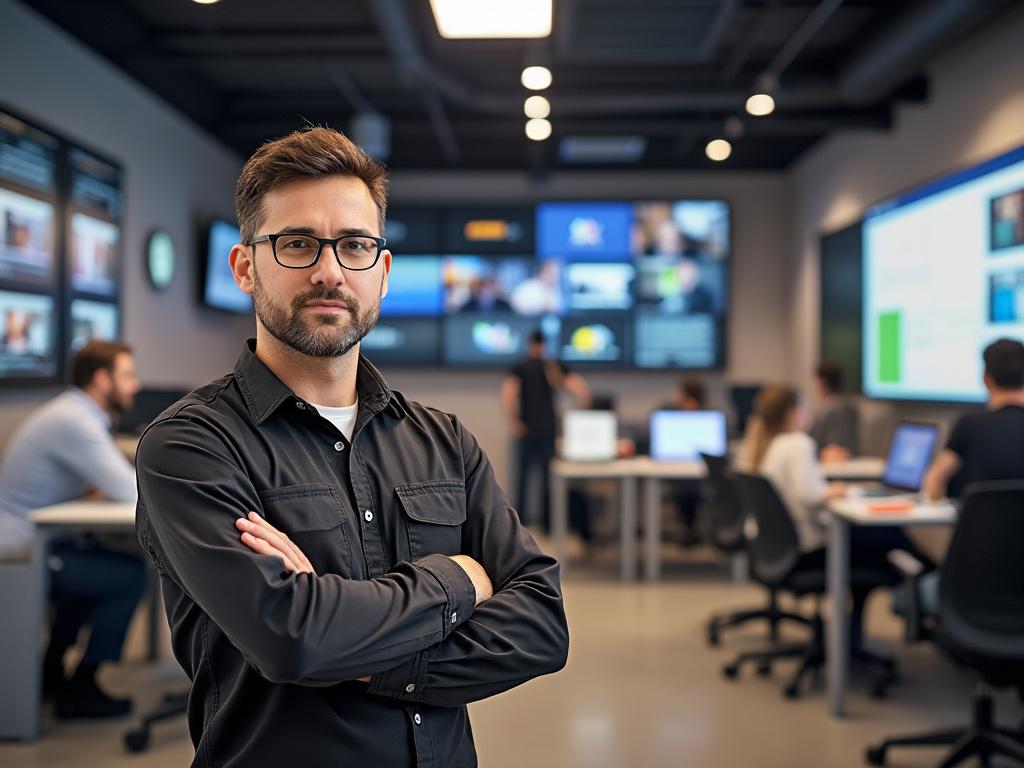 A confident professional standing in a modern office with multiple screens, surrounded by colleagues working at computers.