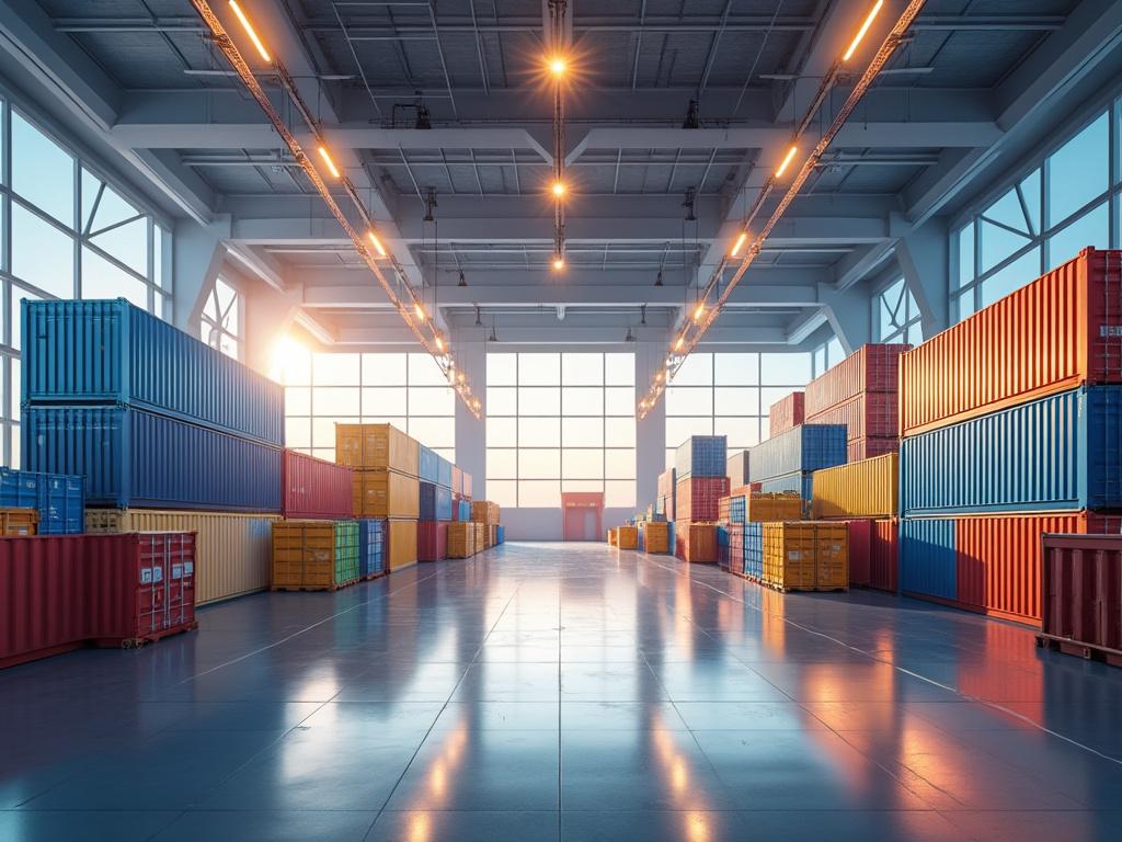 Interior de almacén con contenedores de carga de colores apilados, iluminación industrial y ventanas grandes al fondo.