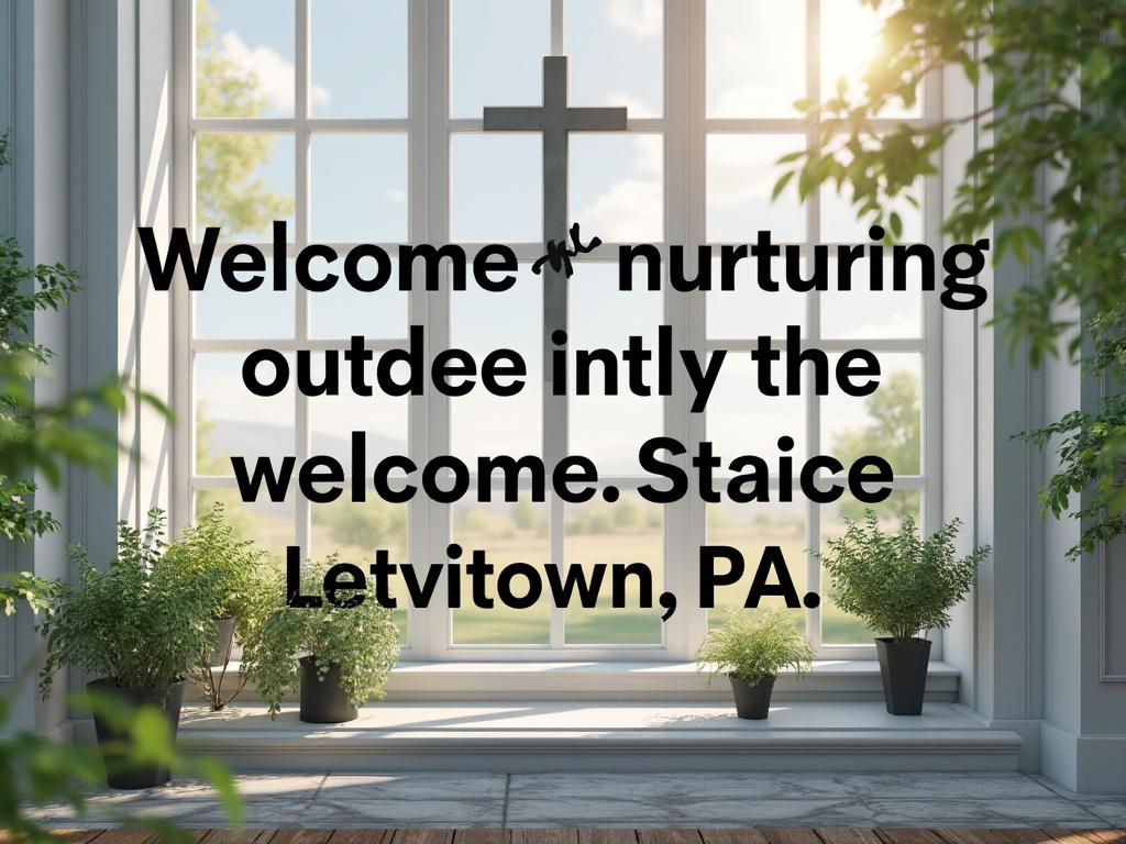Bright indoor space with large windows, cross decoration, and potted plants; text reads 'Welcome nurturing outdee intly the welcome. Staice Letvitown, PA.
