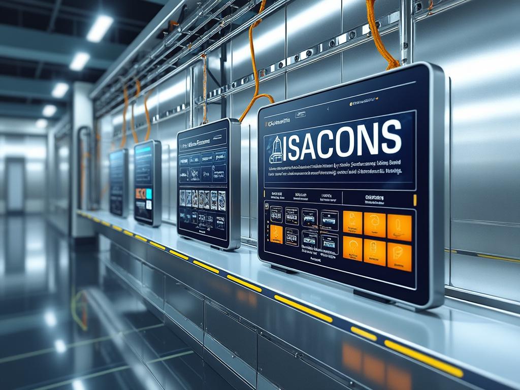 Paneles de control digitales en un entorno industrial moderno con cables visibles y tecnología avanzada.