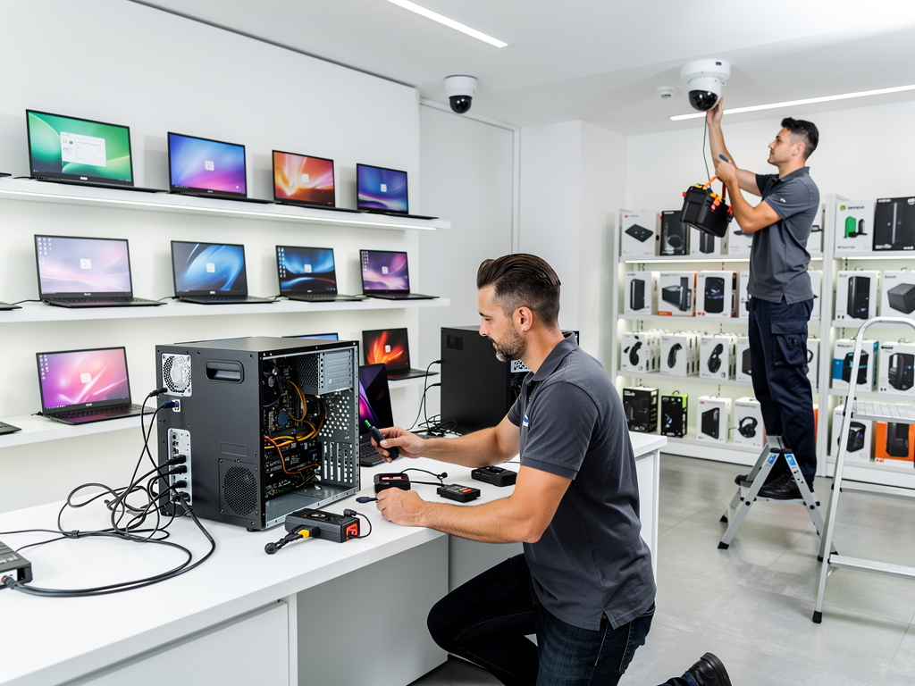 Técnicos reparando ordenador e instalando cámaras de seguridad en tienda de informática