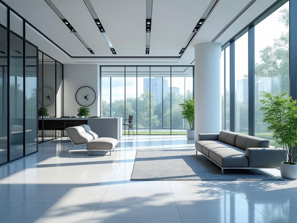 Oficina moderna con grandes ventanas, sofá gris, sillón blanco y plantas decorativas, iluminada por luz natural.