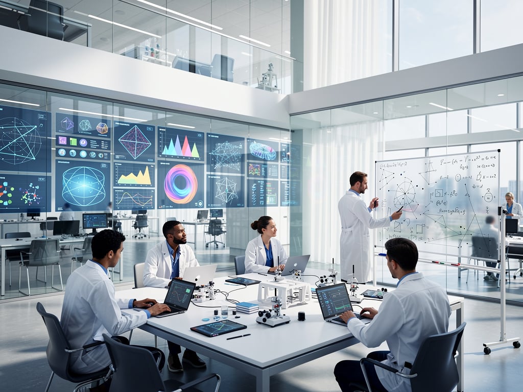 Scientists in lab coats collaborating in a modern research lab with data visualizations and formulas on digital screens and whiteboard