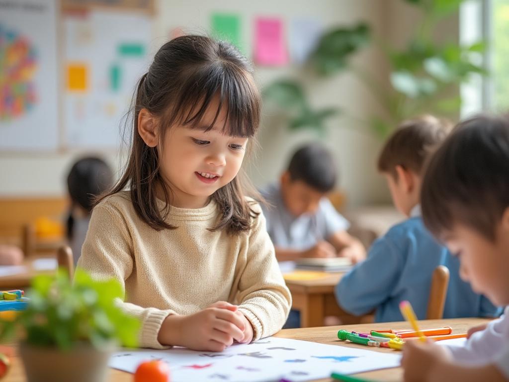 Niños dibujando en clase con fondos coloridos y vegetación.