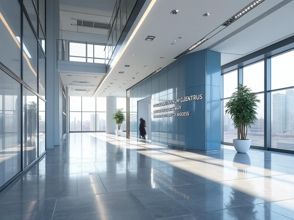 Moderno vestíbulo de oficina con grandes ventanales, suelos de mármol y plantas decorativas.
