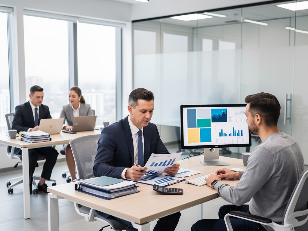 Reunión de negocios en oficina moderna con análisis de gráficos financieros y equipo trabajando en laptops