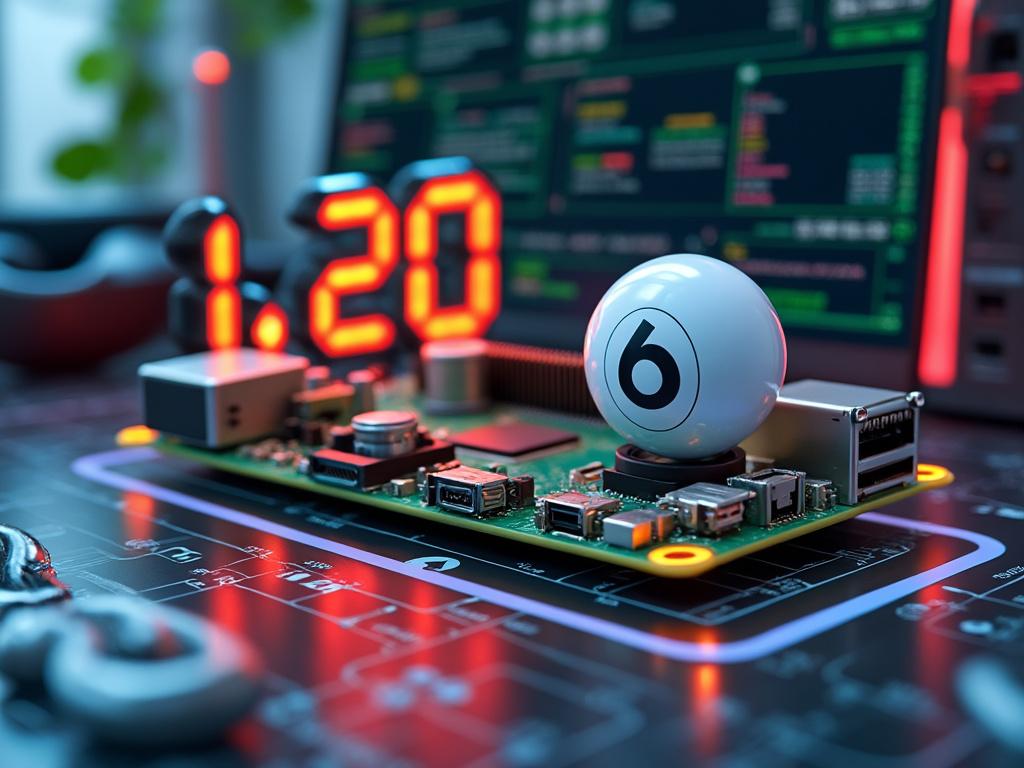 Close-up of a computer circuit board with USB ports, a digital display showing 1.20, and a billiard ball marked with the number 6 in a tech environment.