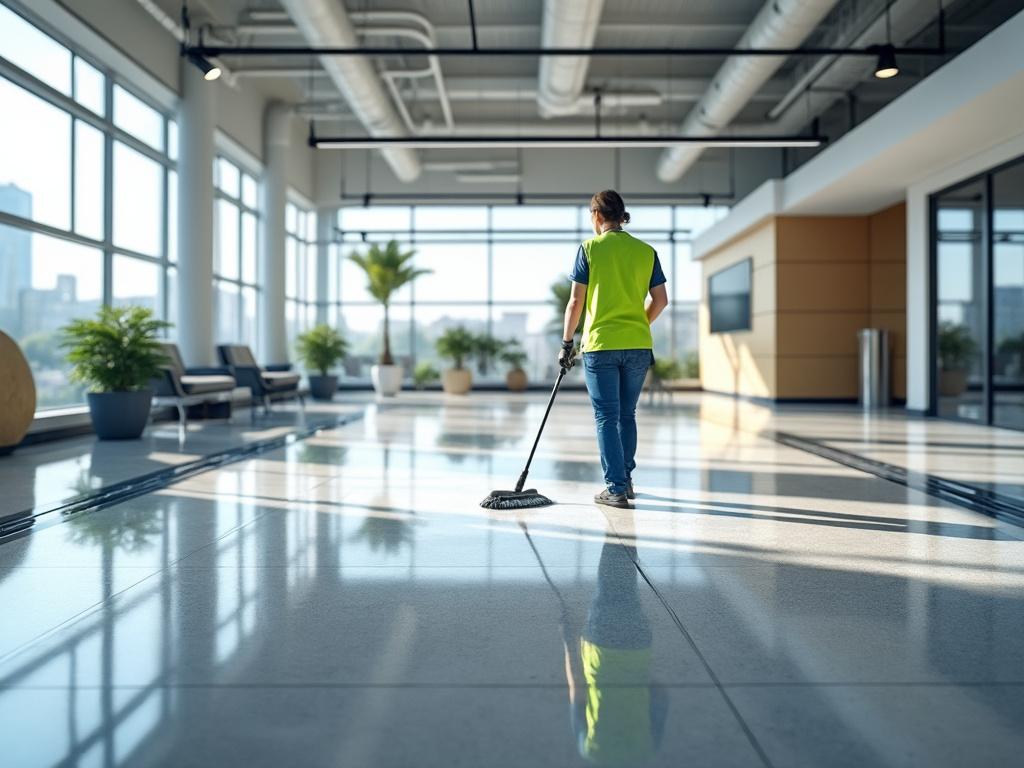 Person cleaning a modern office lobby with floor-to-ceiling windows, plants, and polished floors.