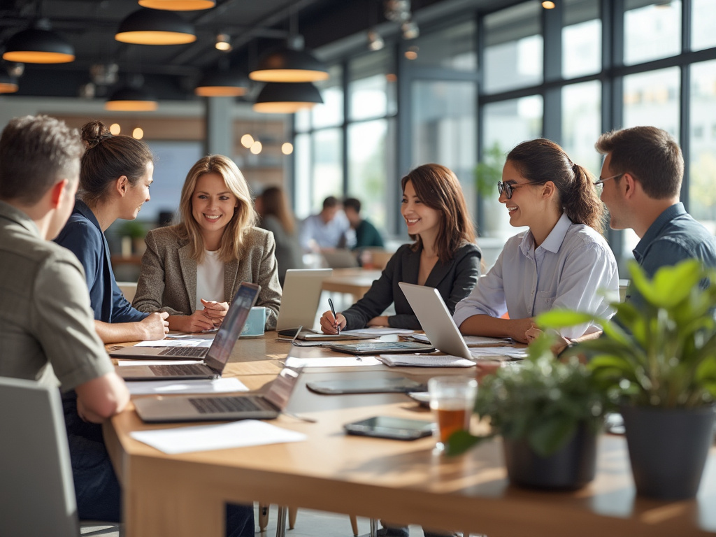 Diverse business team collaborating in a modern office meeting with laptops and notebooks Diverse business team collaborating in a modern office meeting with laptops and notebooks