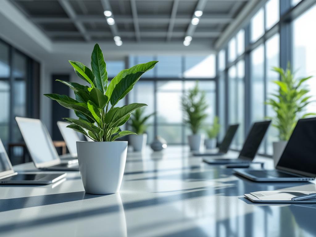 Planta en maceta blanca sobre mesa de oficina moderna con portátiles y ventanas grandes.