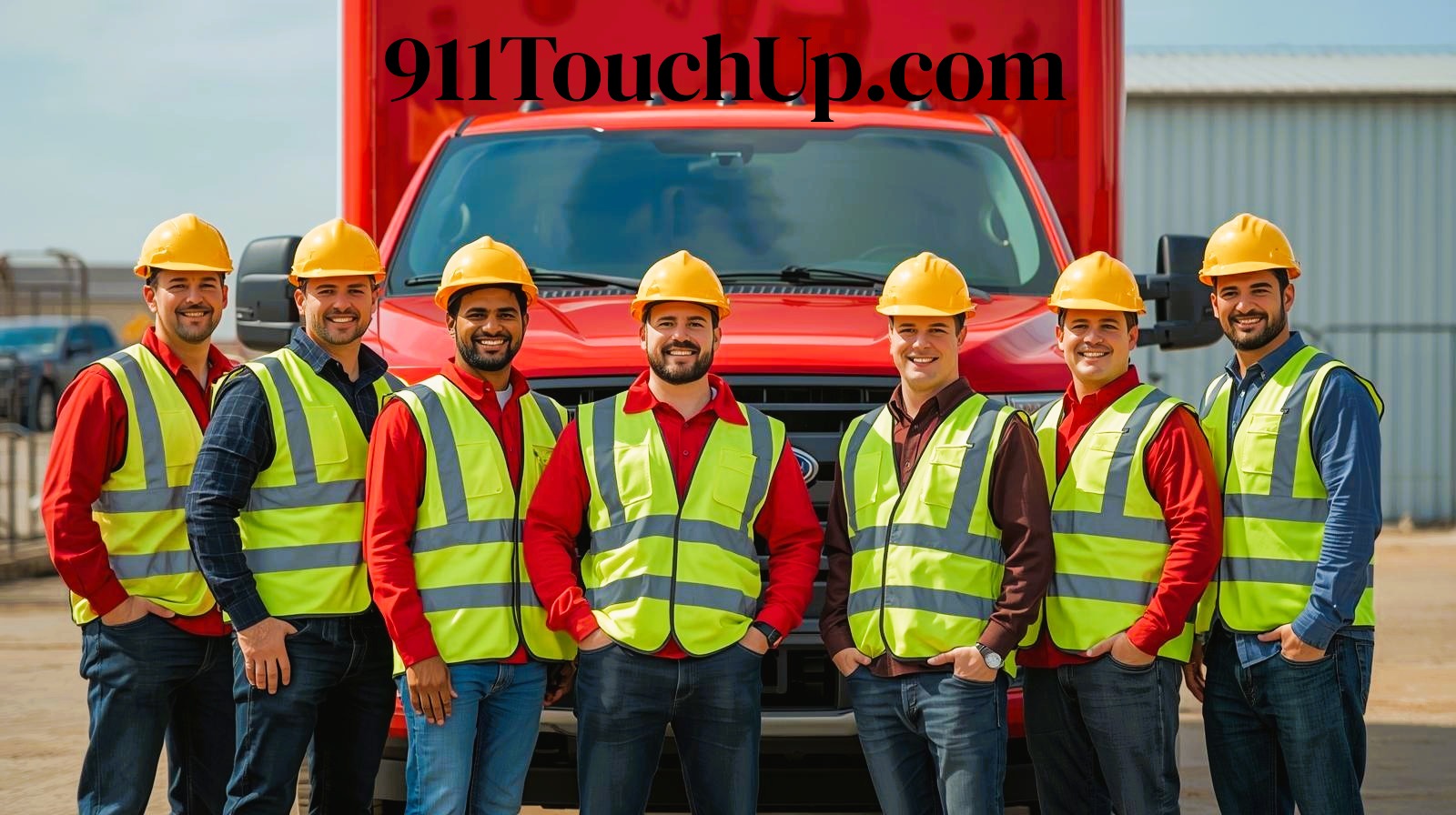 Group of seven construction workers wearing safety vests and hard hats standing in front of a red truck with 911TouchUp.com logo.