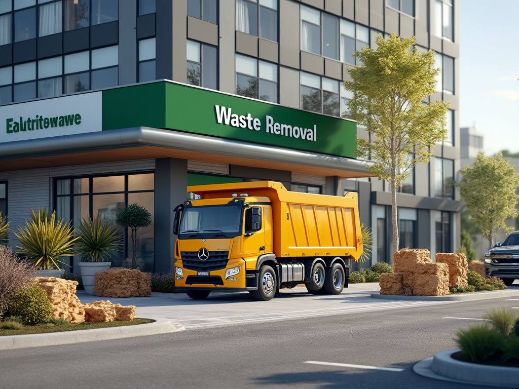 Bright yellow waste removal truck parked outside a modern building with green signage and landscaped surroundings.
