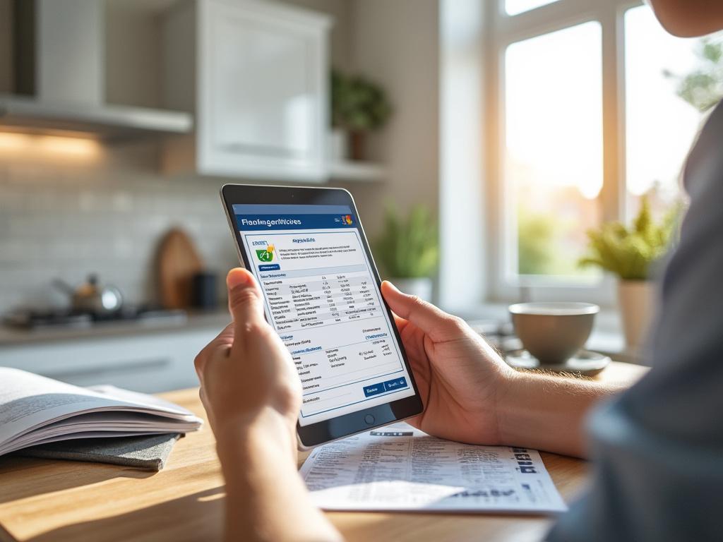 Person holding a tablet displaying energy efficiency information in a sunlit kitchen.