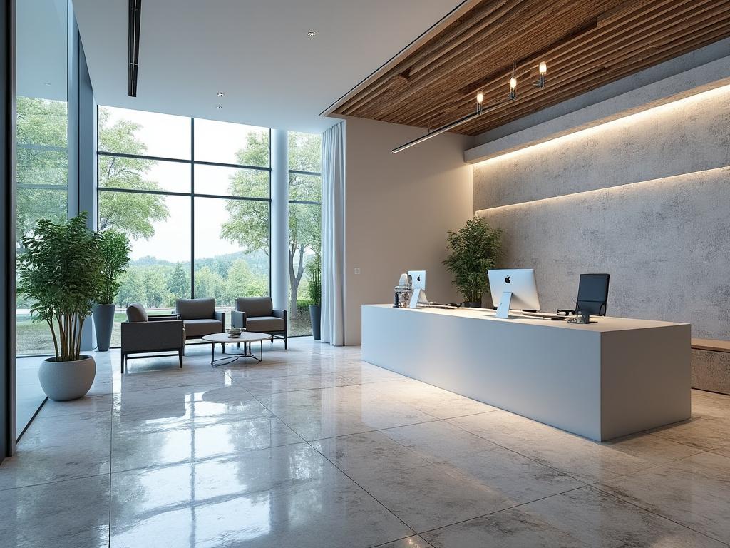Recepción moderna con escritorio blanco, sillas elegantes, plantas decorativas en maceta, y grandes ventanales con vista al exterior.