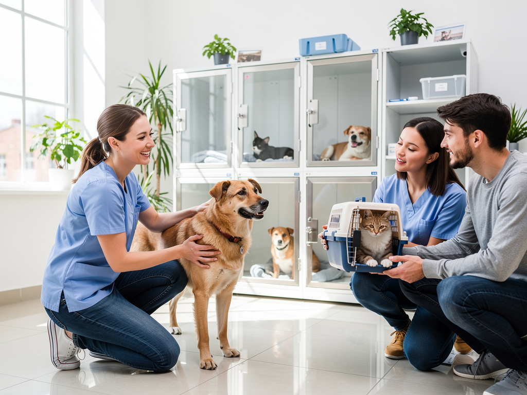 Veterinarios atendiendo a perros y gato en transportín en clínica veterinaria moderna con jaulas para mascotas